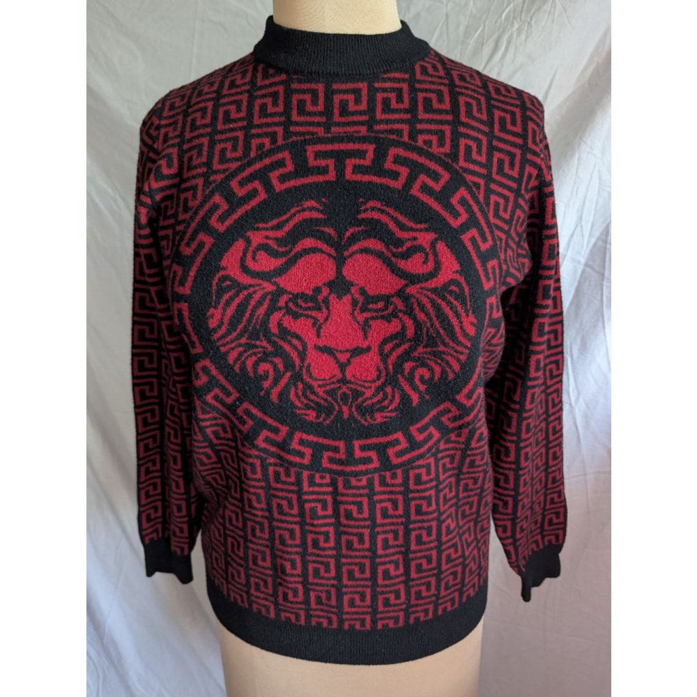 Pavini Red & Black Long Sleeve Lion Head Sweater Women's Sz M Old Money Academia